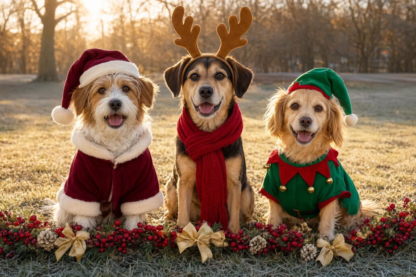 Imagen ilustrativa: perritos con disfraces navideños, gorros de Santa, astas de reno y suéteres