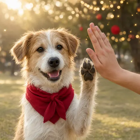Perrito chocando la pata con una mano