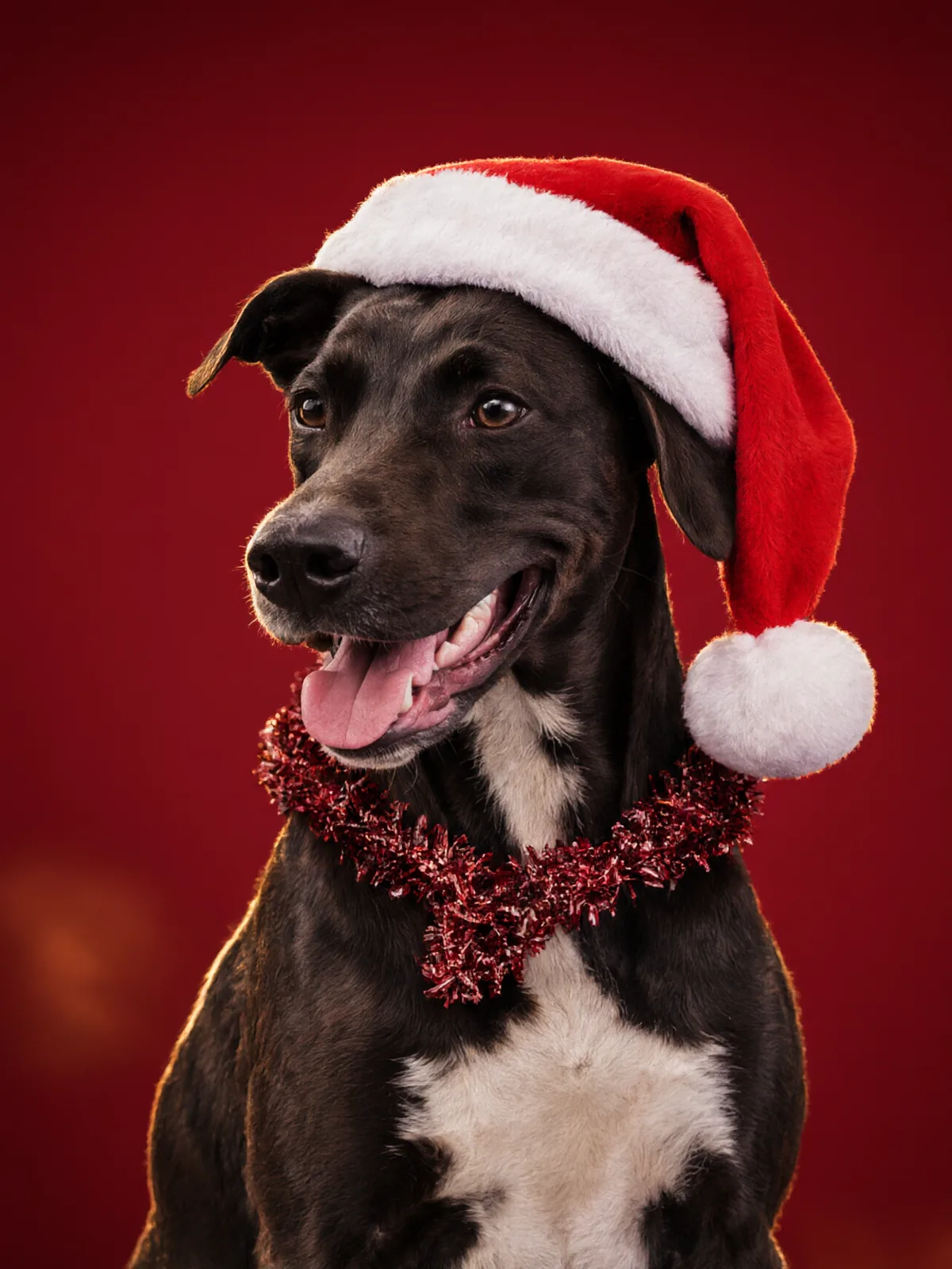 Camilo, perrito negro con pecho blanco, con gorro de Santa sobre fondo rojo