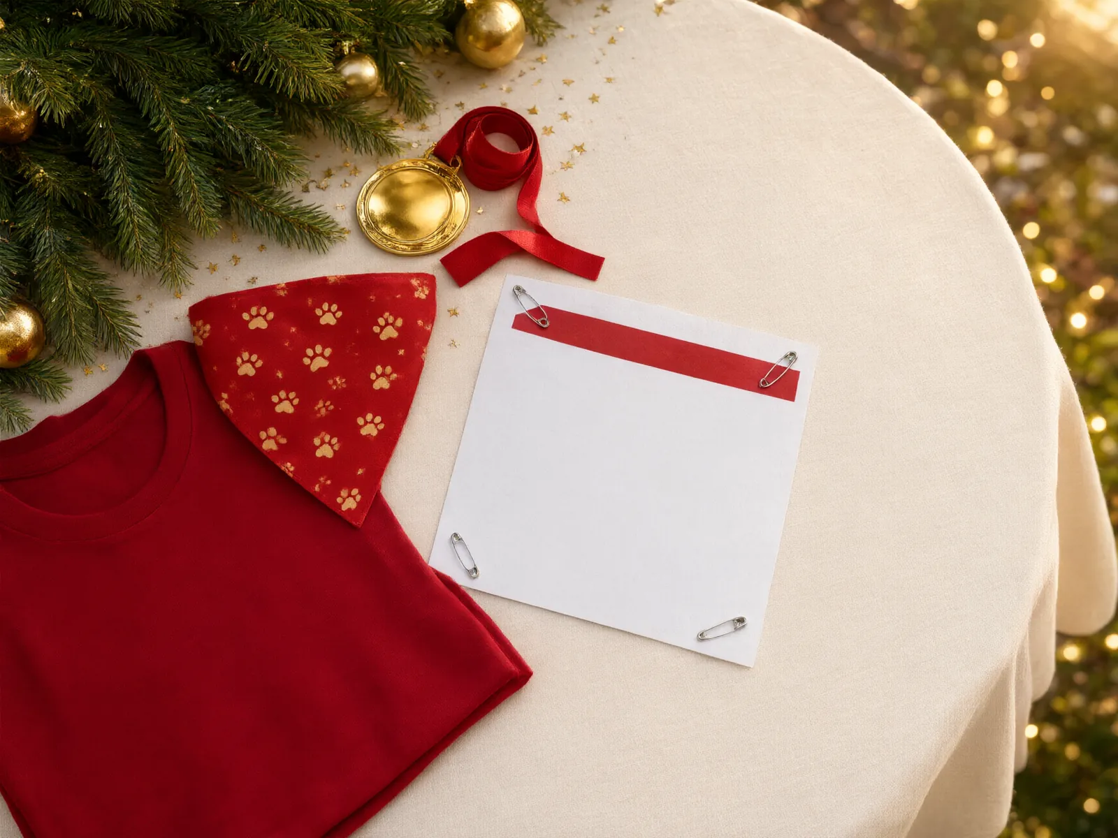 Kit del corredor sobre mantel crema: playera roja, bandana navideña con huellitas doradas, medalla dorada y número de corredor