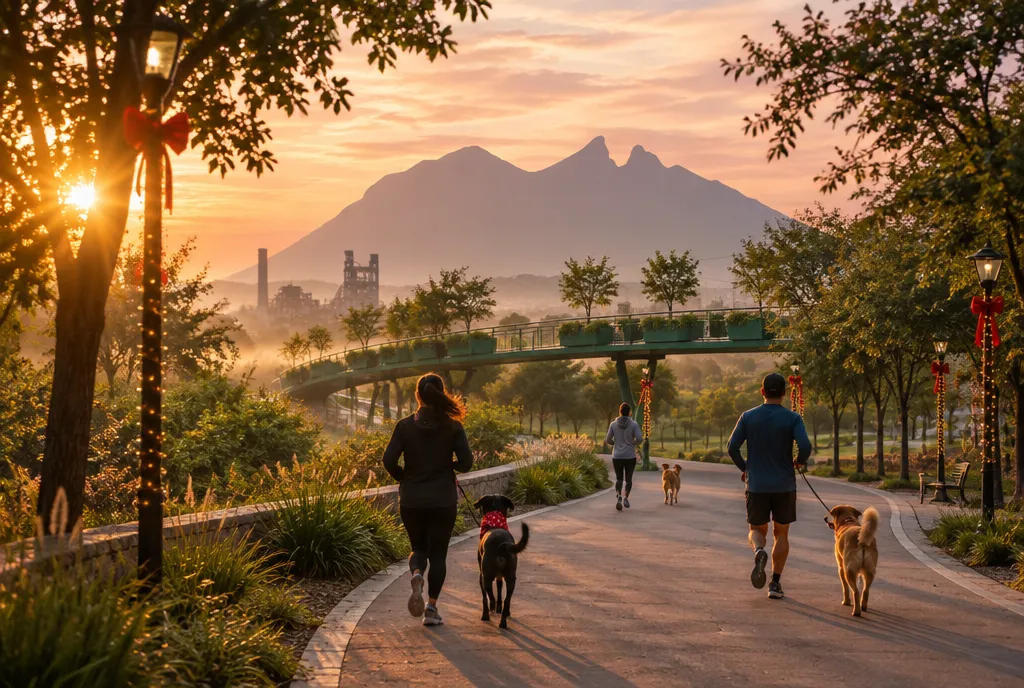Ilustración de Parque España al amanecer: corredores con sus perros en un sendero con faroles navideños, el Puente Verde, los hornos de Fundidora y el Cerro de la Silla al fondo