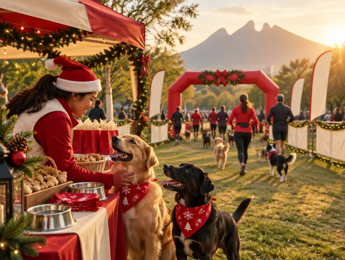 Imagen ilustrativa: stand navideño de patrocinador con premios para perritos, una voluntaria acariciando a dos perros con bandana roja y el arco de meta con el Cerro de la Silla al fondo
