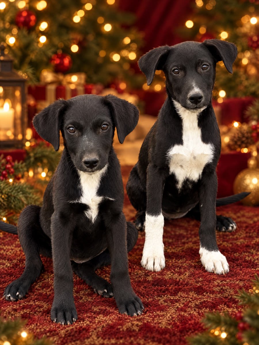 Dos cachorros negros con pecho blanco rescatados por AdoptaDog, sentados juntos en el pasto