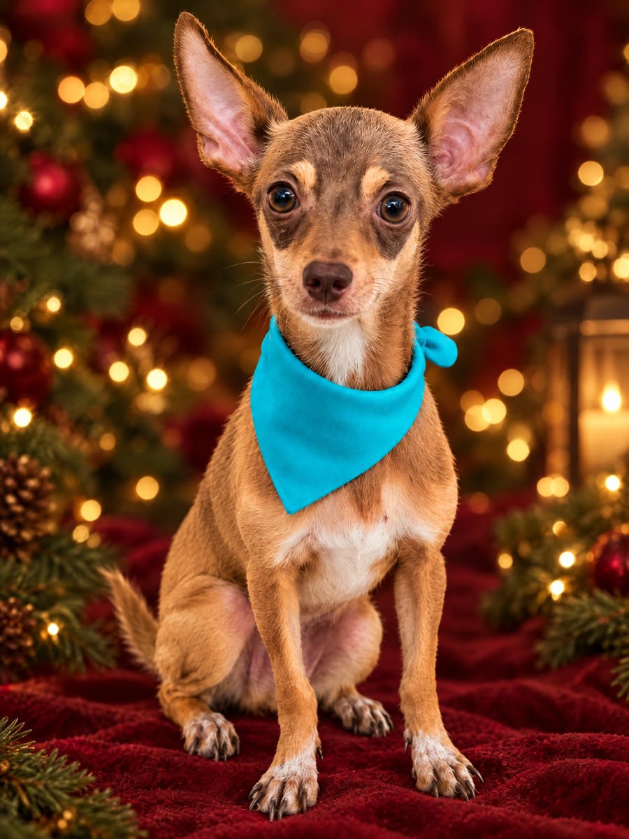 Perrito tipo chihuahua color café con pañoleta turquesa, sentado sobre fondo blanco