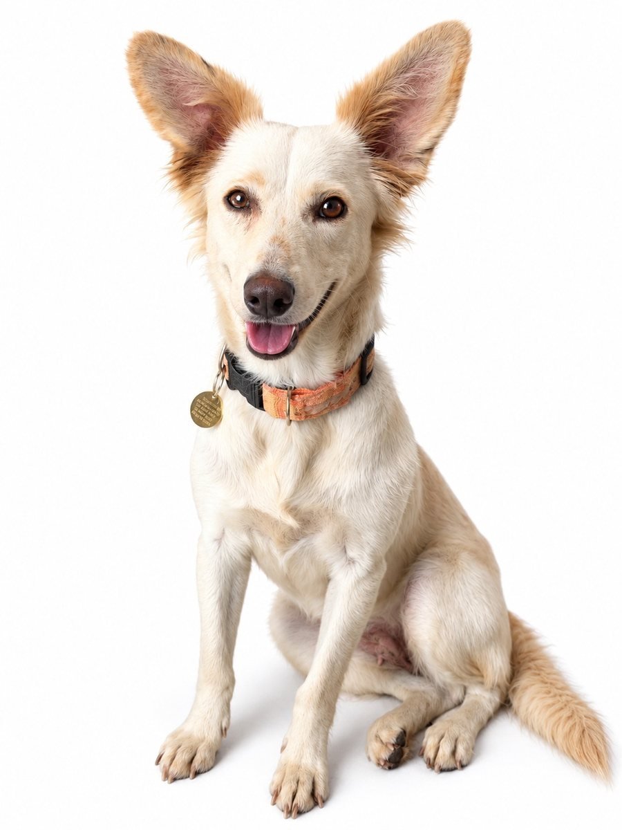 Perrito color crema de orejas enormes con collar naranja y placa dorada, sentado sobre fondo blanco