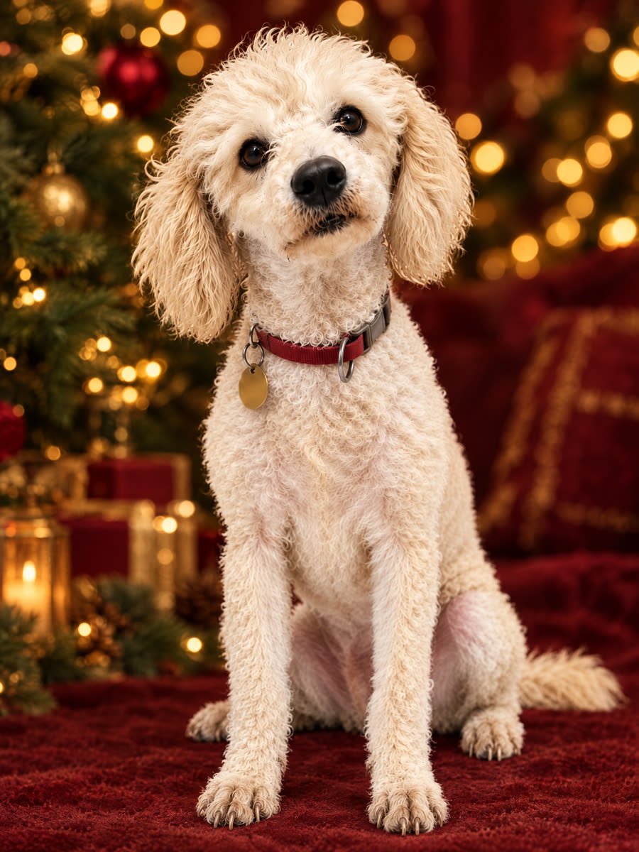 Perrito tipo poodle color crema con collar rojo, sentado con la cabeza ladeada