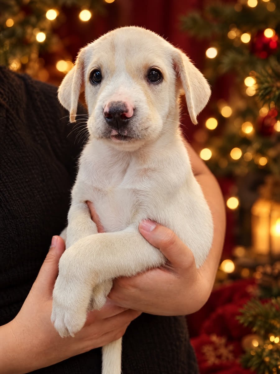 Cachorro color crema claro cargado en brazos por una voluntaria